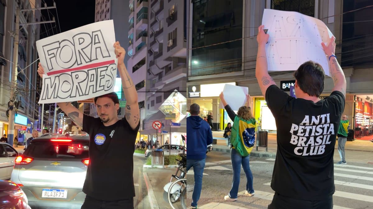 Renan Bolsonaro ergue cartaz contra Lula, Moraes e STF em Balneário Camboriú
