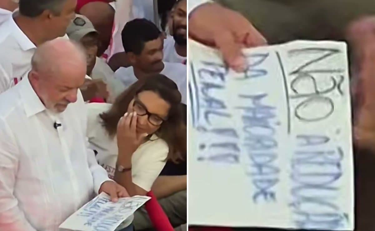 Veto da primeira-dama: Janja lê cartaz contra redução da maioridade penal e impede Lula de erguer em Salvador