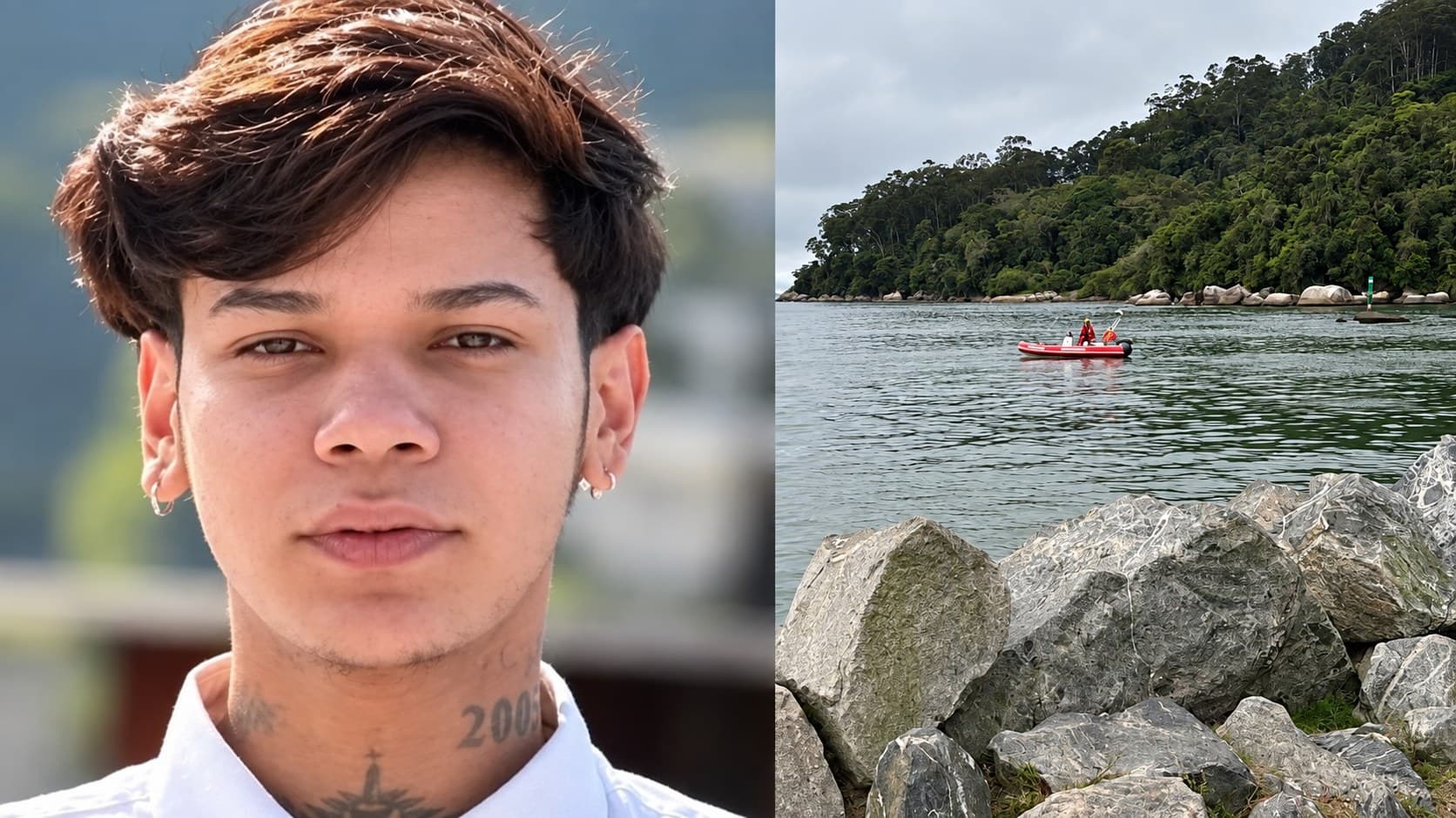 José Kaique Martins de Azevedo e embarcação de buscas no Molhe da Barra Sul, em Balneário Camboriú