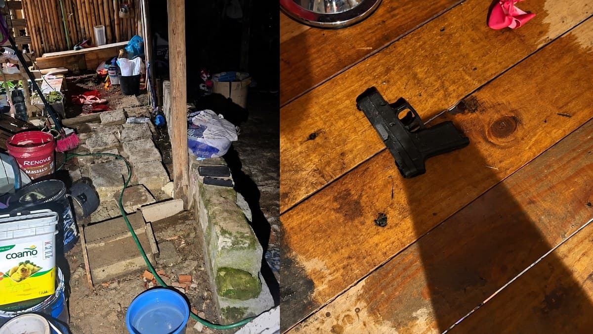 Quintal da casa no bairro Casa Branca, em Itapema, e a pistola usada no crime