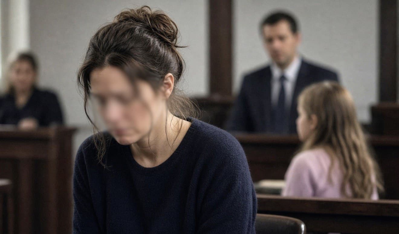 Mulher sentada em sala de audiencia com o rosto desfocado, ao fundo um homem de terno e uma crianca