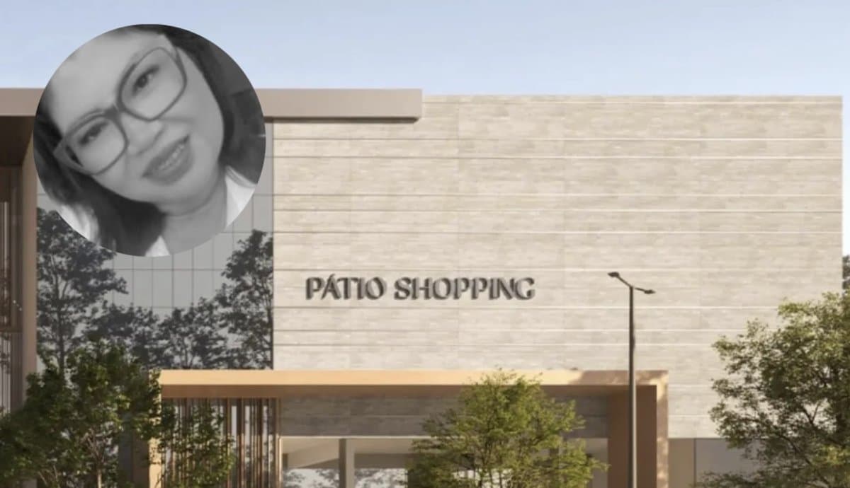 Maria Francisca da Silva Lopes e a fachada do Shopping Pátio Chapecó