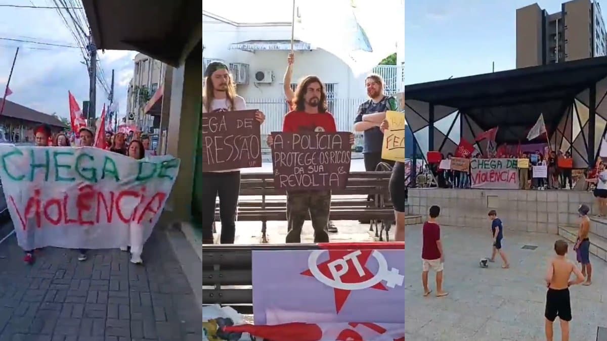 Manifestantes com faixa Chega de violência e cartazes contra a polícia em ato em Jaraguá do Sul