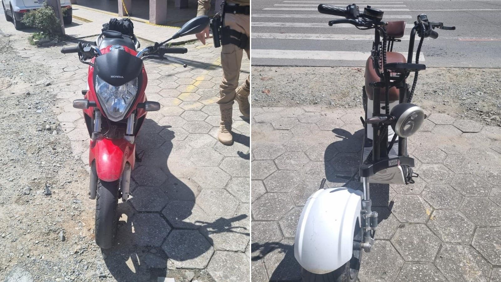 Moto Honda vermelha e scooter elétrica branca envolvidas em batida na ciclovia da Avenida Itajuba, em Barra Velha
