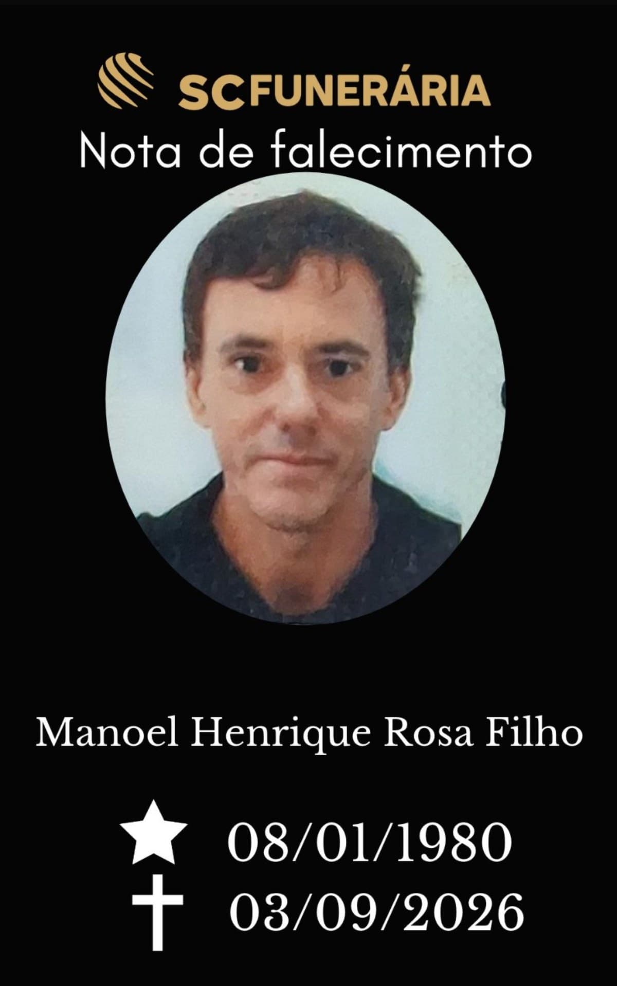 Nota de falecimento de Manoel Henrique Rosa Filho, morto aos 46 anos em Tijucas