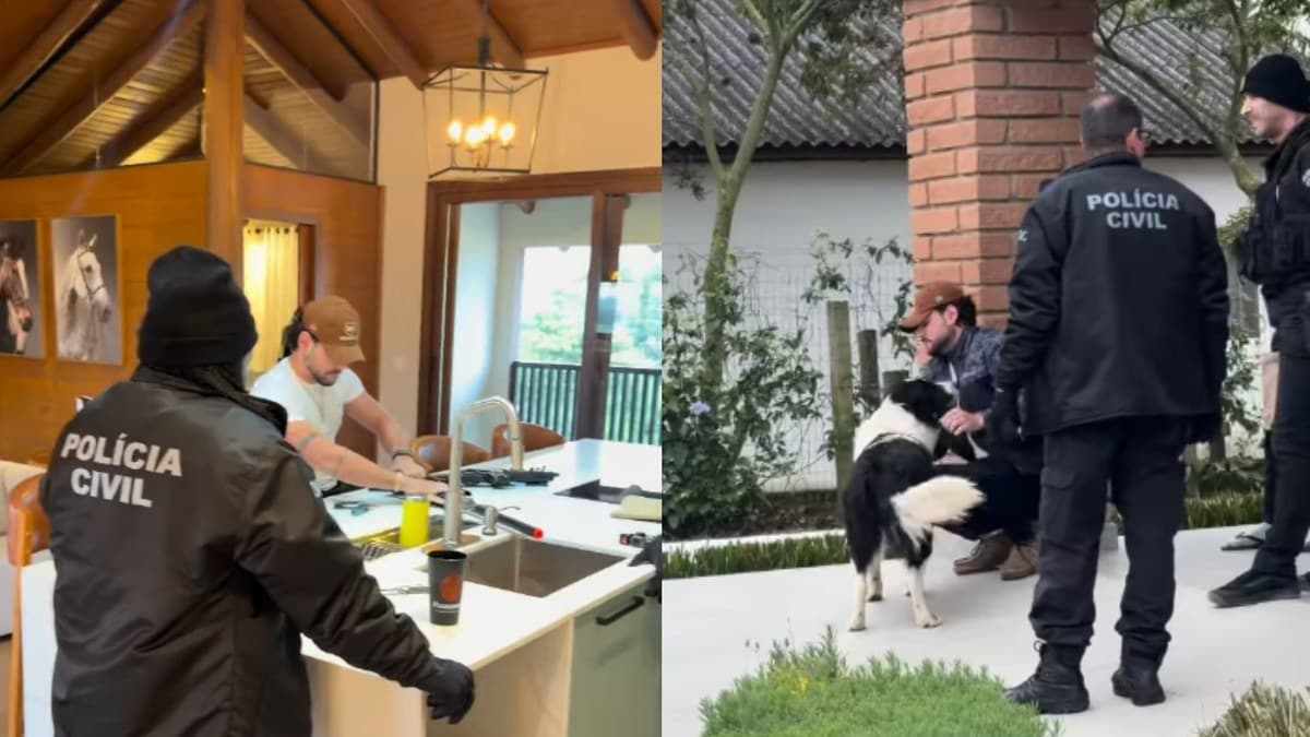 Policiais da Polícia Civil durante busca na casa do influenciador Cesar Rincon, em Araranguá