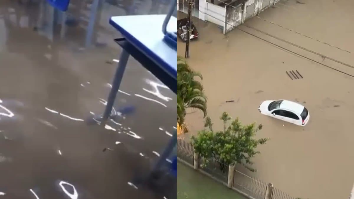 Sala de aula e rua alagadas em Criciúma, com carro parcialmente submerso