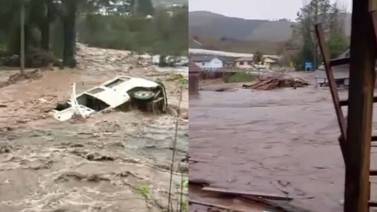 Carro arrastado pela correnteza e água invadindo terreno com casas na Serra catarinense