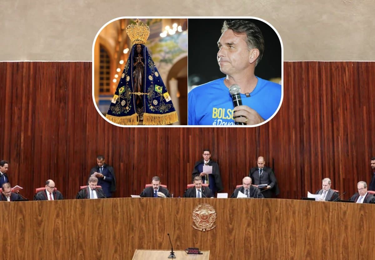 Imagem de Nossa Senhora Aparecida e Flávio Bolsonaro sobre o plenário do TSE