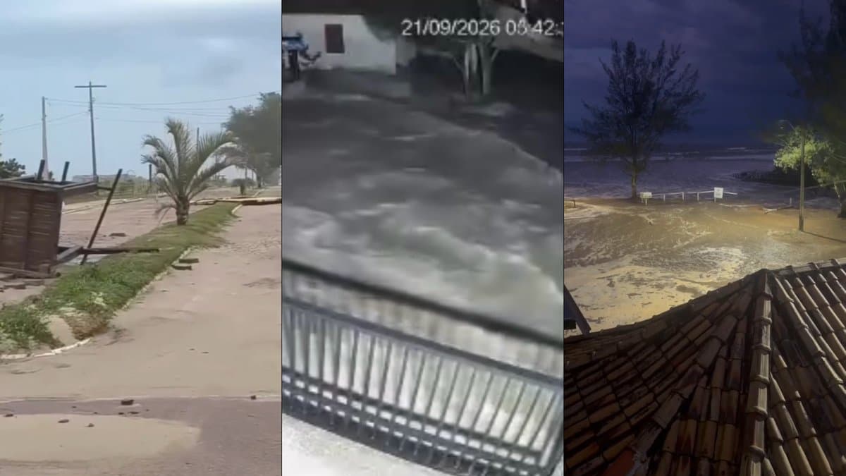 Montagem com rua coberta de areia, câmera flagrando a água invadindo a via e o mar avançando sobre a orla em SC