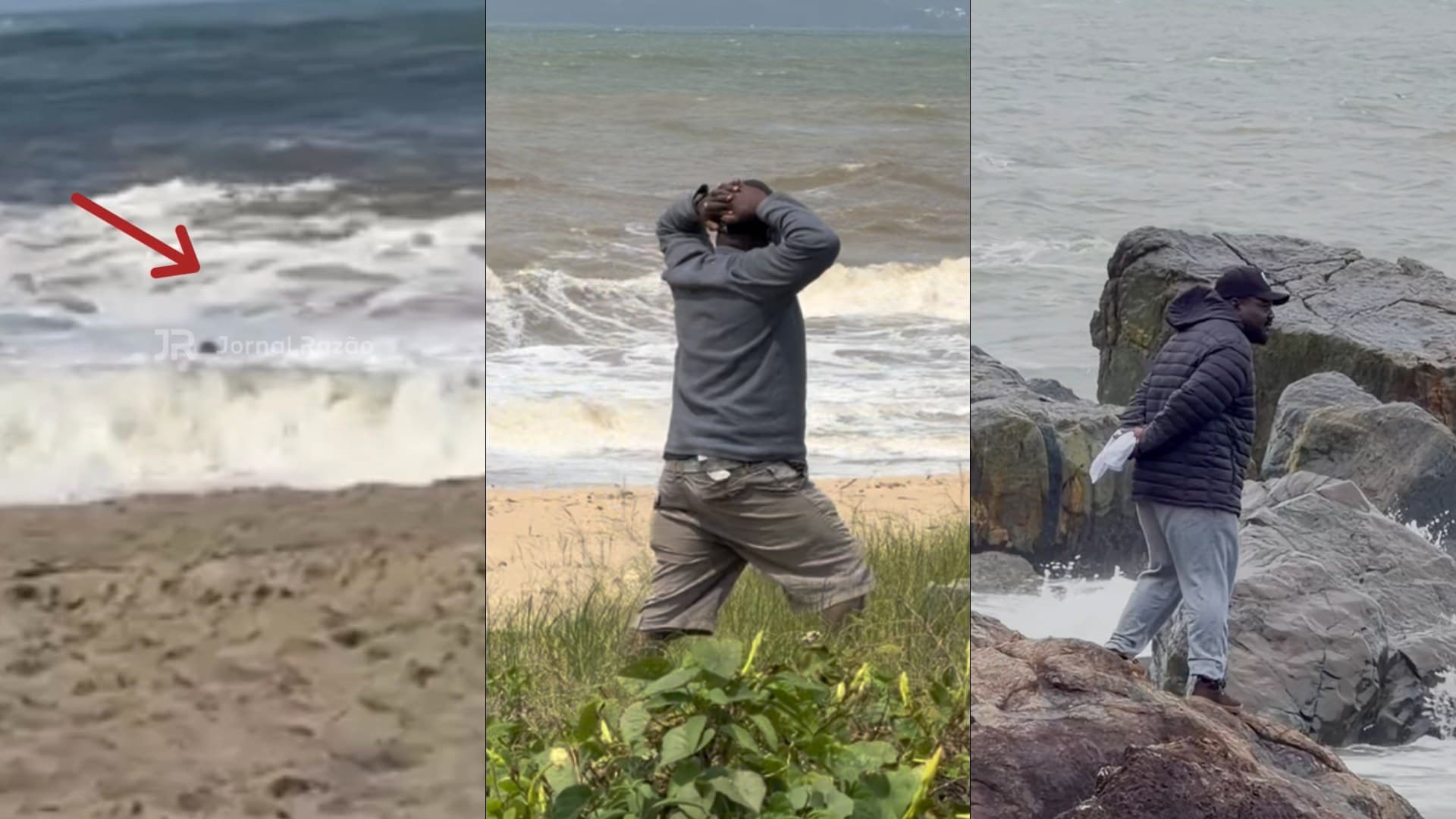 Menino levado pela arrebentação e pai na beira do mar em Balneário Piçarras durante as buscas