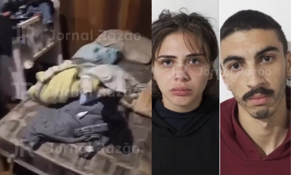 Montagem com frame do vídeo do quarto da casa e as fotos de Jessica Réus Fernandes e Mauricio Ricardo de Lima Junior, presos em Criciúma