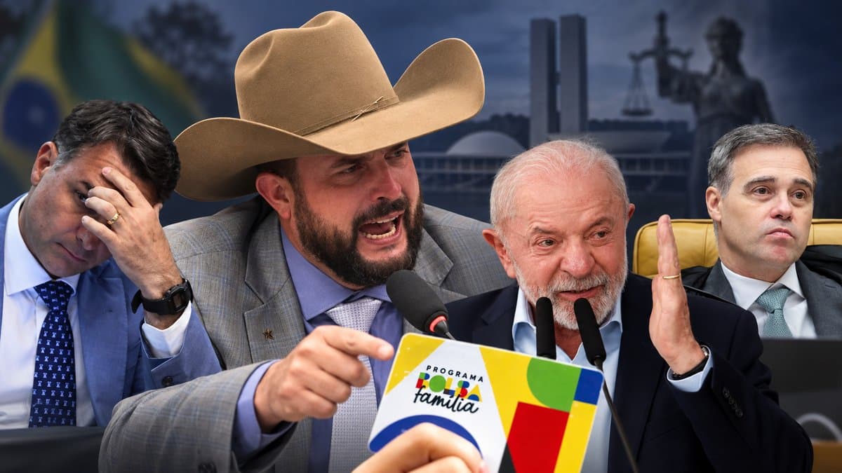 Montagem com Flávio Bolsonaro, Zé Trovão, Lula e André Mendonça, com cartão do Bolsa Família em primeiro plano