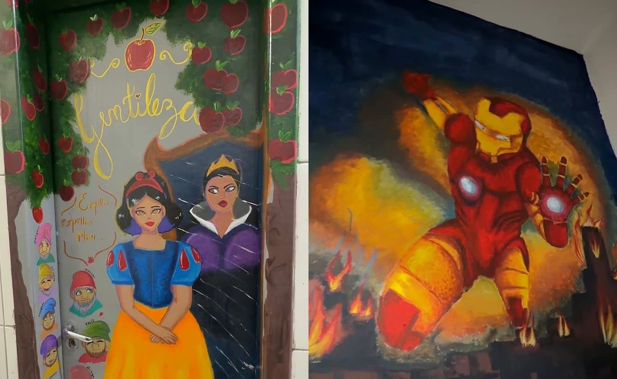 No lugar dos palavrões, princesas e super-heróis: alunos pintam portas de banheiro de escola em Itapema