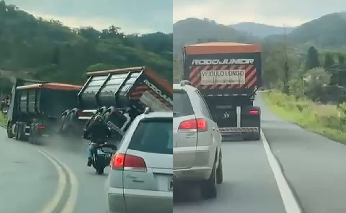 “Falei!”: motorista de bitrem vai e volta do acostamento até a carreta tombar na BR-470, perto de Indaial