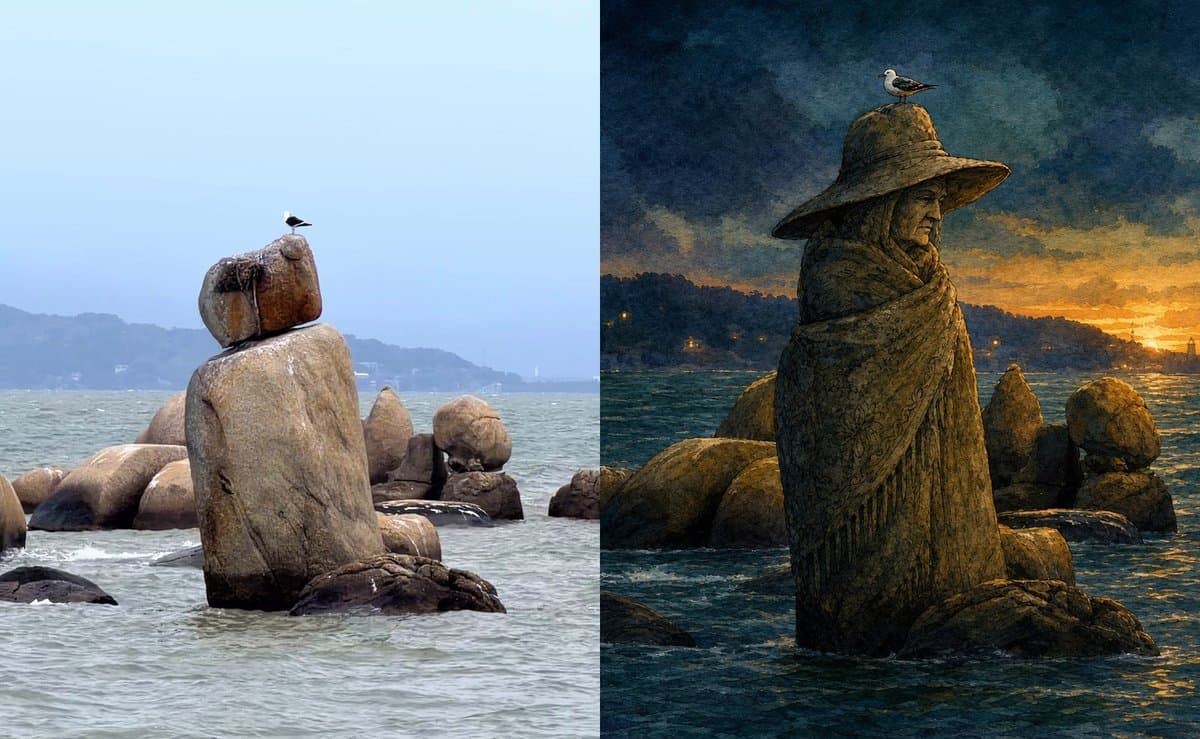 Pedra de Itaguaçu e ilustração feita com inteligência artificial: Bruxas petrificadas e a maldição da sétima filha: as lendas que fazem de Florianópolis a Ilha da Magia