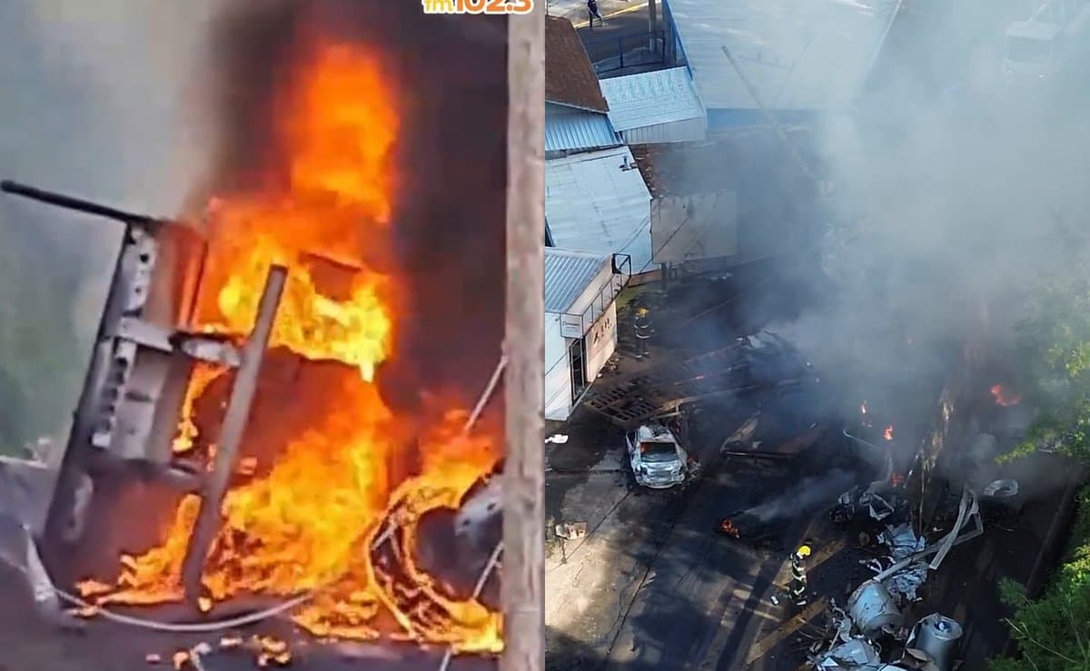 Câmera flagra carreta com bobinas de papel descendo a serra antes de atingir 4 veículos e pegar fogo em SC
