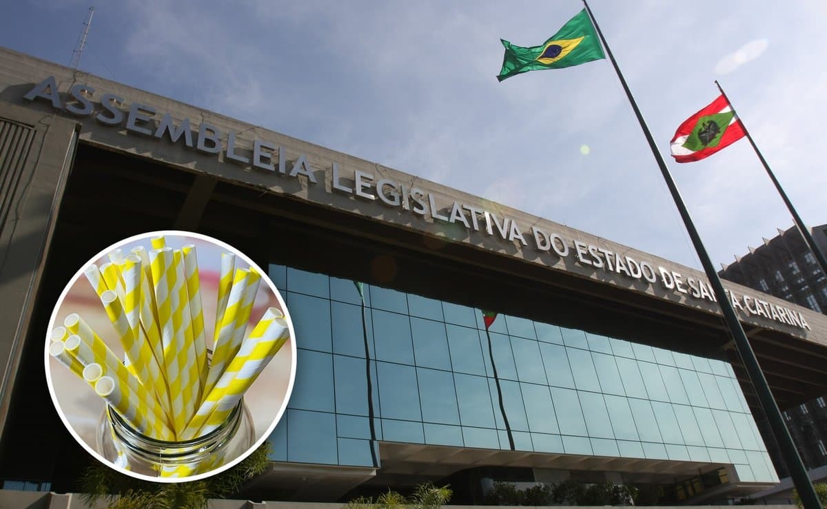 Fachada da Assembleia Legislativa de Santa Catarina; no detalhe, canudos de papel: Tá liberado o canudinho? Bares e restaurantes pequenos de SC podem sair da lei do canudo “de papel”