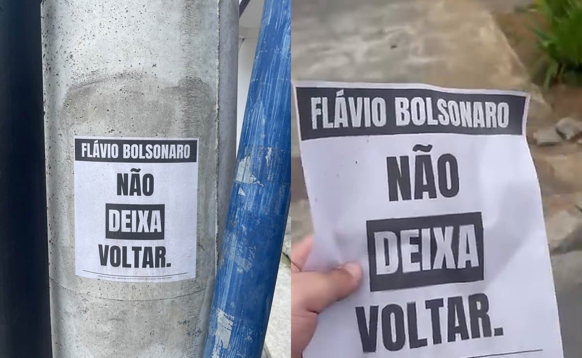 “O PT tá desesperado”: cartazes anônimos contra Flávio Bolsonaro aparecem em postes de Itajaí