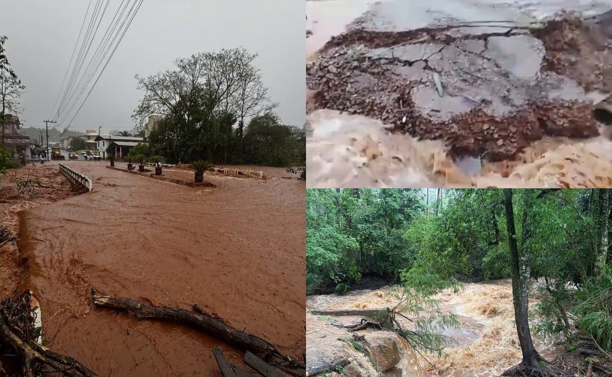 Chuva forte arranca pedaços de asfalto, transforma ruas em rios e alaga lavouras no Oeste de SC