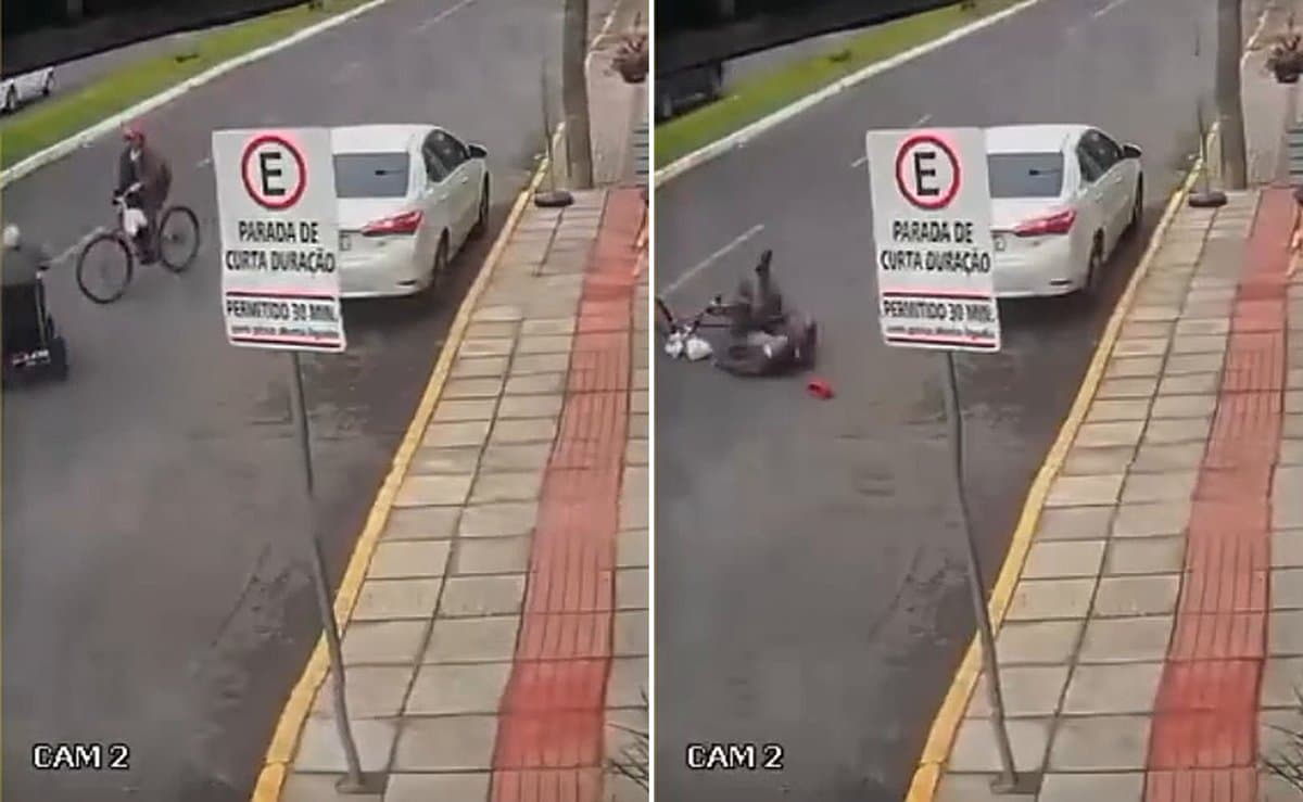 Ciclista na contramão tenta desviar de triciclo, escolhe o mesmo lado e acaba de pernas para o ar em SC