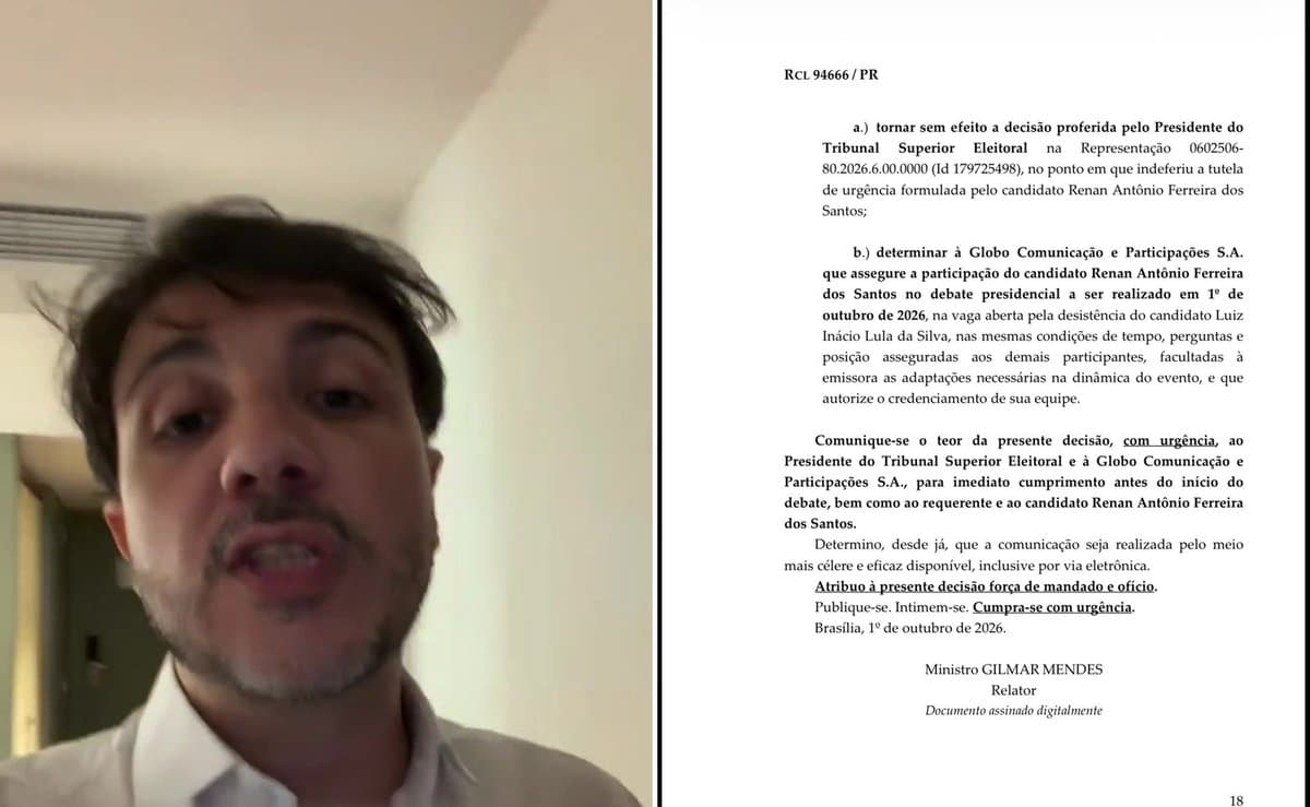 URGENTE: Gilmar Mendes derruba decisão do TSE e manda Globo pôr Renan Santos no debate na vaga de Lula