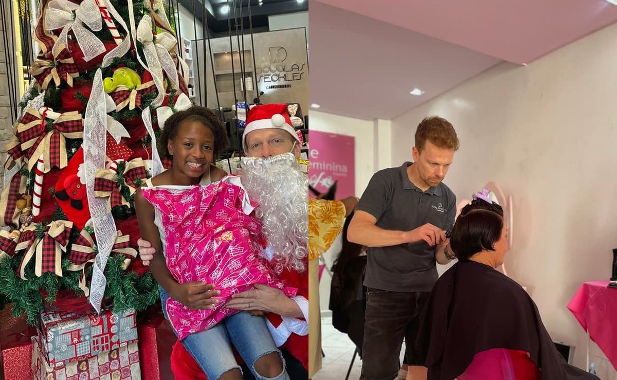 Em Itapema, Papai Noel usa tesoura: cabeleireiro faz o Natal de crianças e atende grátis mulheres com câncer