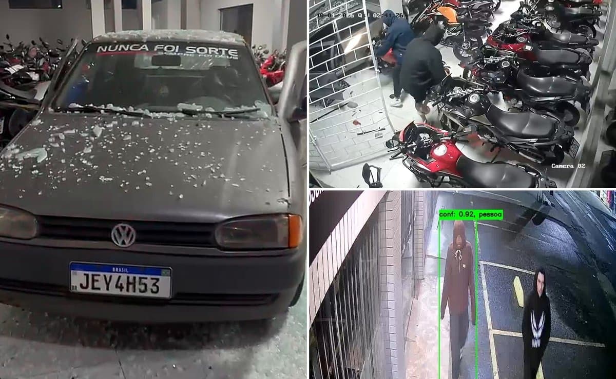 De ré contra a vitrine: ladrões usam carro furtado para invadir loja e levar motos em Santa Catarina