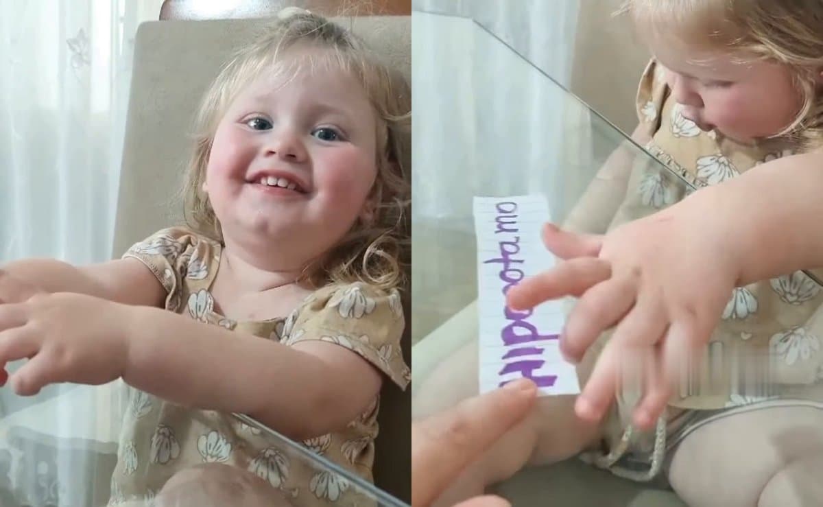 Menina de 1 ano e 11 meses encanta ao ler palavras em cartões mostrados pela mãe em SC