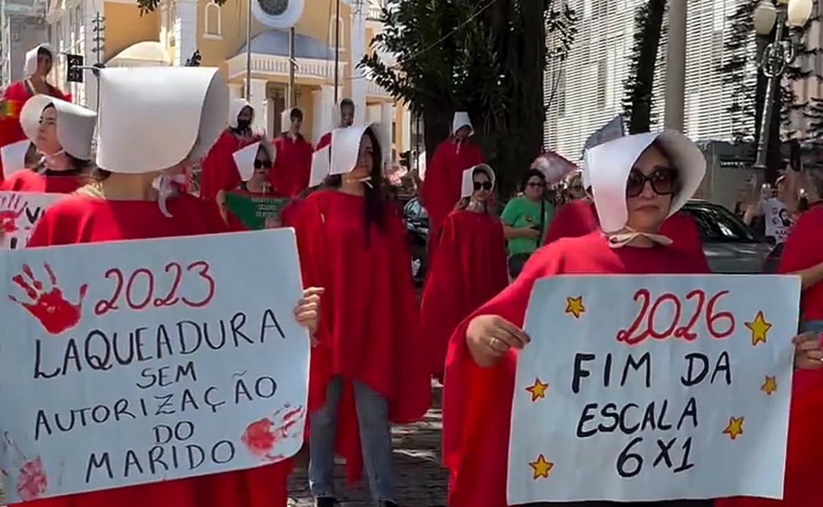 Militantes vestidas de aias fazem passeata pelo Centro de Florianópolis expondo o que esperam do governo
