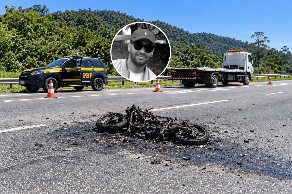 Motociclista de 37 anos morre no hospital após moto pegar fogo em batida com carro na BR-101 em Tijucas