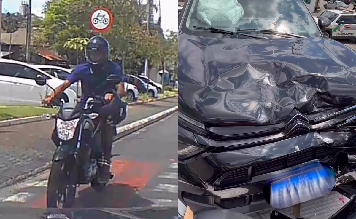Motociclista em fuga da PM vem na contramão e bate de frente em carro que entrava na Prefeitura de Indaial