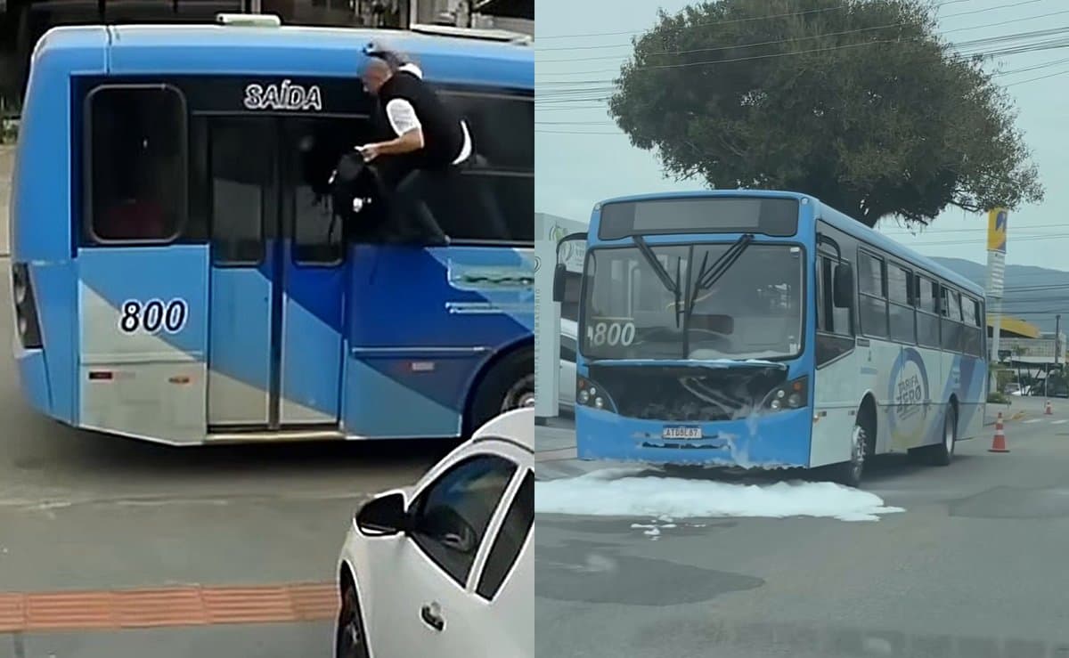 Desespero: ônibus pega fogo cheio de gente e passageiros pulam pela janela para escapar em SC