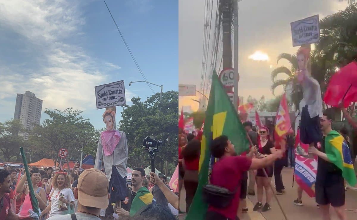 Petistas chicoteiam boneco de Júlia Zanatta com placa “Sinhá Zanatta no tronco” em ato por Lula em Goiás
