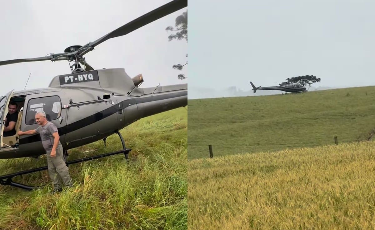 Piloto prefere esperar: helicóptero a caminho de Chapecó faz pouso em lavoura ao perceber tempestade