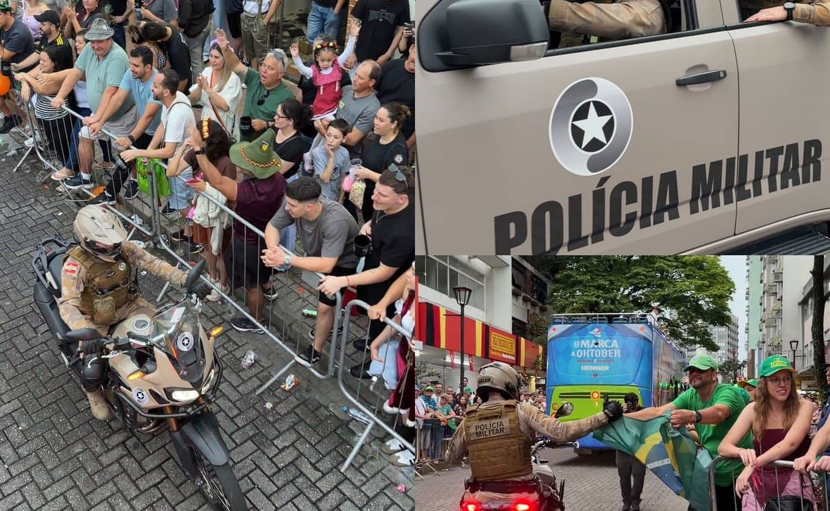 Policiais militares são ovacionados no desfile da Oktoberfest em Blumenau, a "festa mais segura do Brasil"