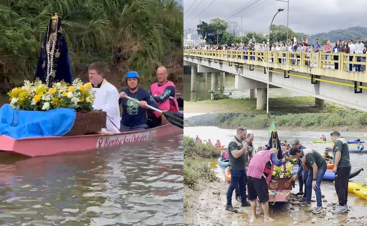 Nossa Senhora Aparecida navega pelo rio cercada de caiaques e fiéis lotam ponte em Jaraguá do Sul