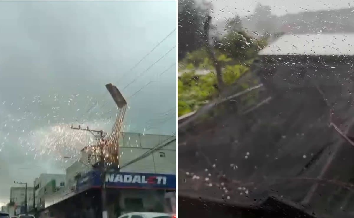 Estrutura metálica voa durante temporal com granizo em Chapecó e Inmet emite alerta vermelho para sexta