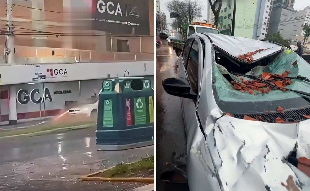 Ventania derruba parede de prédio em obra sobre carro com dois jovens no Centro de Chapecó