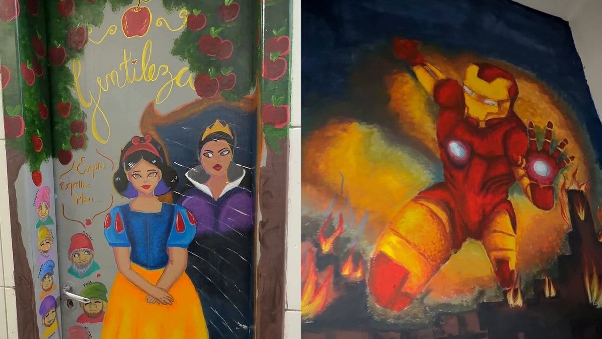 No lugar dos palavrões, princesas e super-heróis: alunos pintam portas de banheiro de escola em Itapema