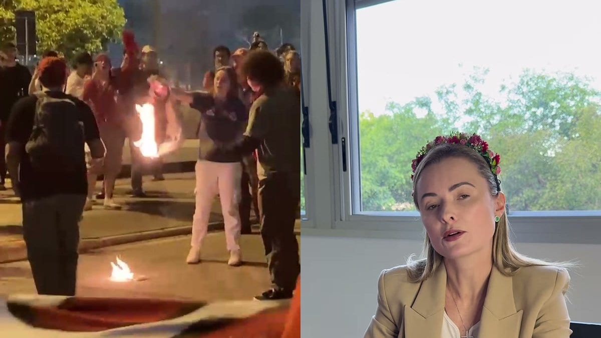 Aos gritos de “fogo nos fascistas”, apoiadores de Lula incendeiam boneco de Júlia Zanatta em Florianópolis - Foto