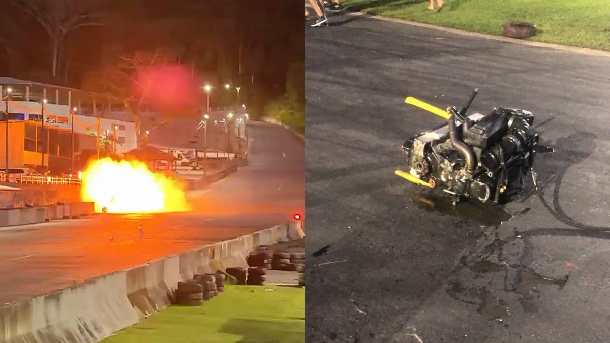URGENTE: Piloto perde o controle em arrancada, bate e carro pega fogo na Speedway de Balneário Camboriú