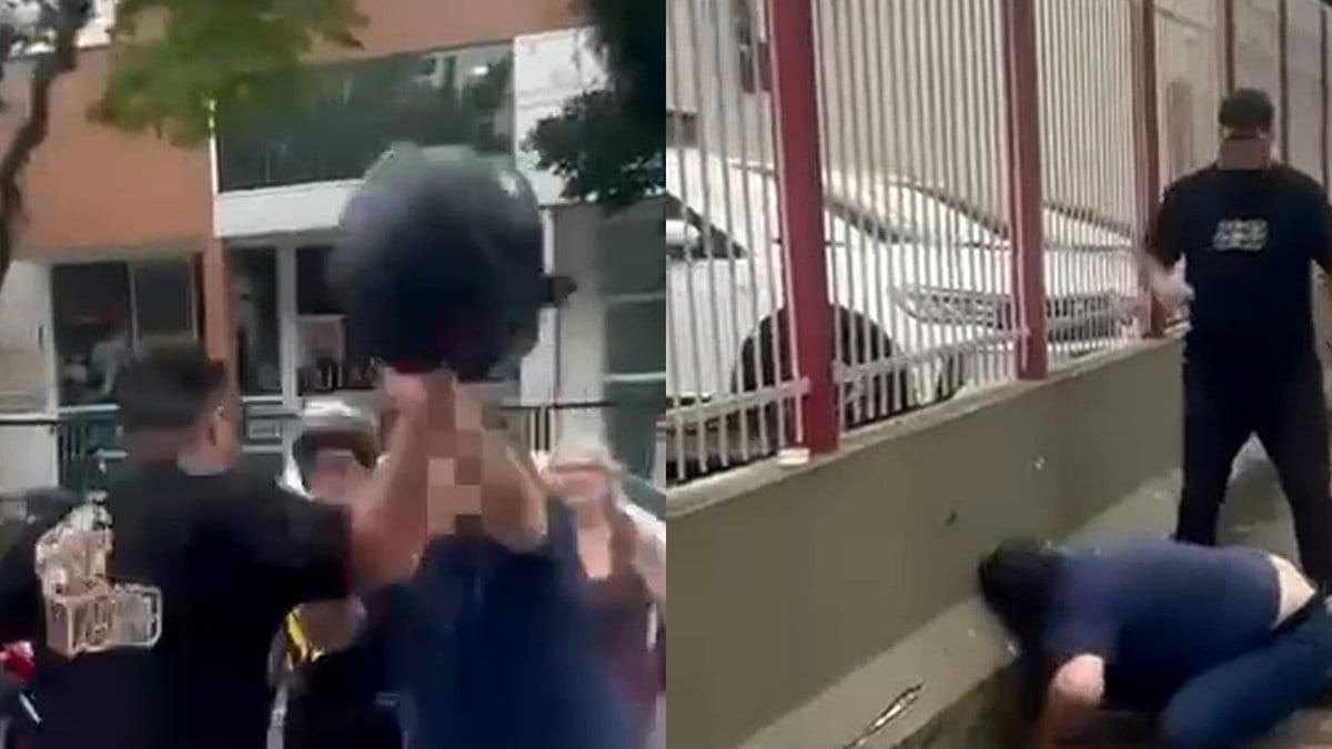 Discussão no semáforo vira briga com capacete, e homem acaba caído de cara na calçada em Criciúma