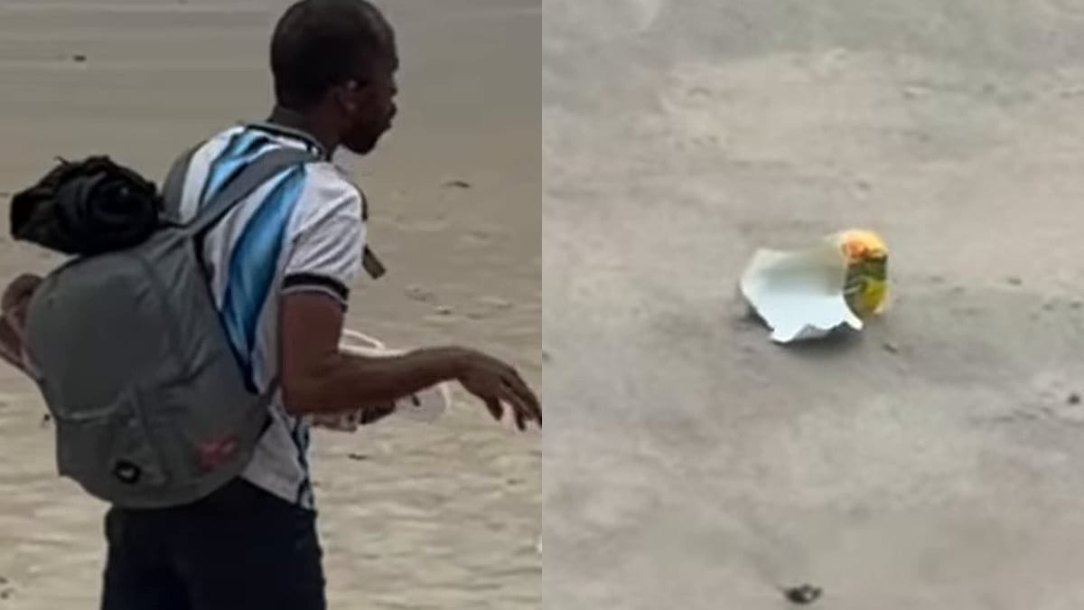 Homem acusa ambulante de jogar papel na areia de Itapema e vídeo vira debate sobre a sujeira