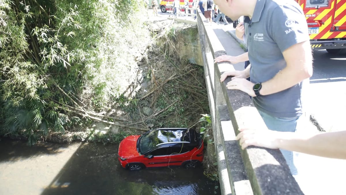 Vídeo mostra carro caindo em ribeirão antes de populares pularem na água para salvar motorista em Blumenau