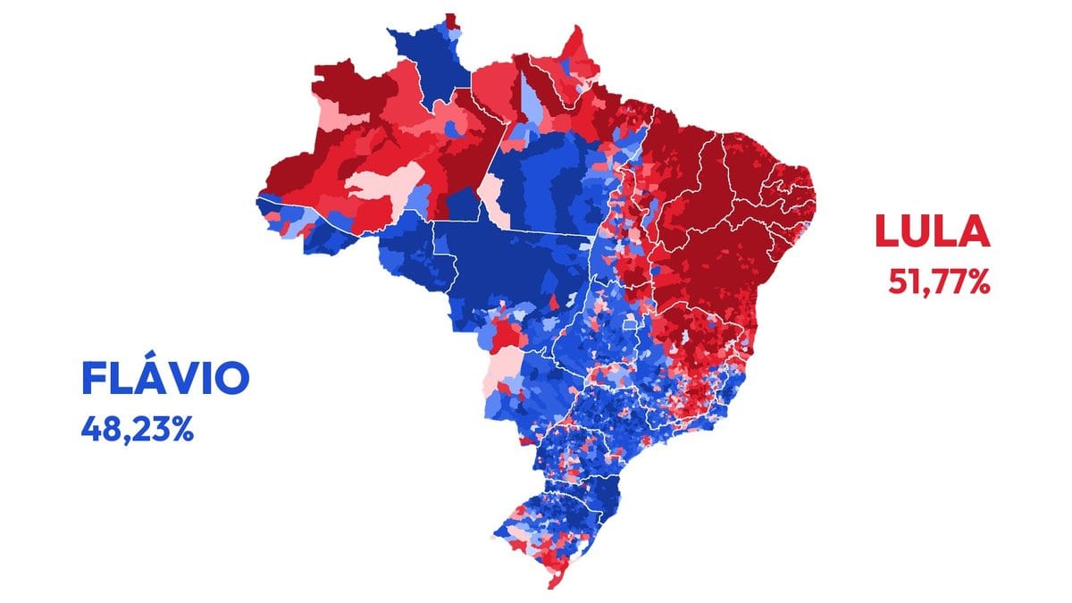 Lula vence em 2.868 cidades e Flávio, em 2.695: veja o mapa do 2º turno por cidade, estado e região