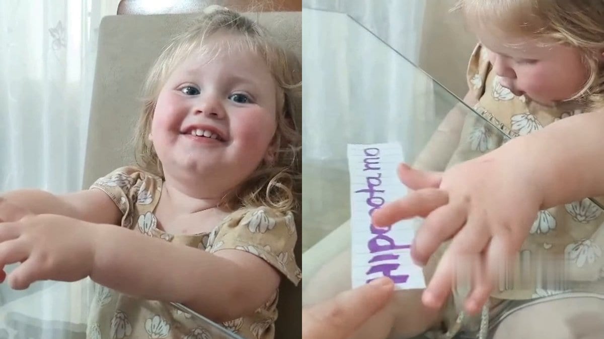 Menina de 1 ano e 11 meses encanta ao ler palavras em cartões mostrados pela mãe em SC