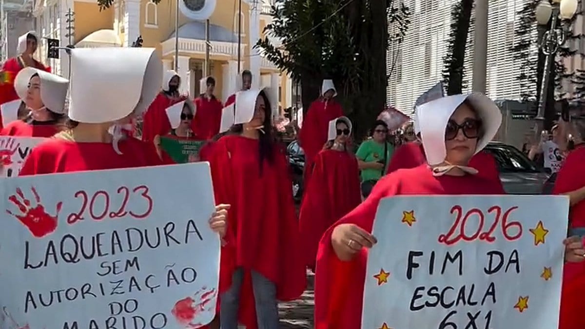 Militantes vestidas de aias fazem passeata pelo Centro de Florianópolis expondo o que esperam do governo
