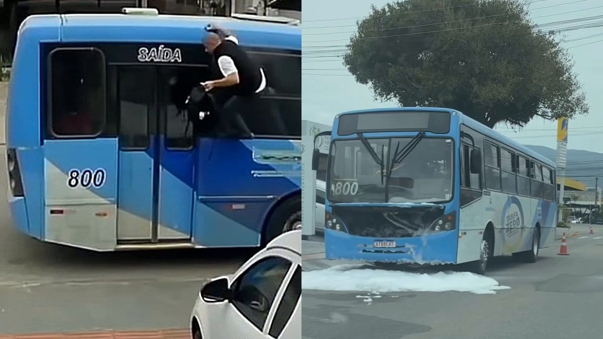 Desespero: ônibus pega fogo cheio de gente e passageiros pulam pela janela para escapar em SC