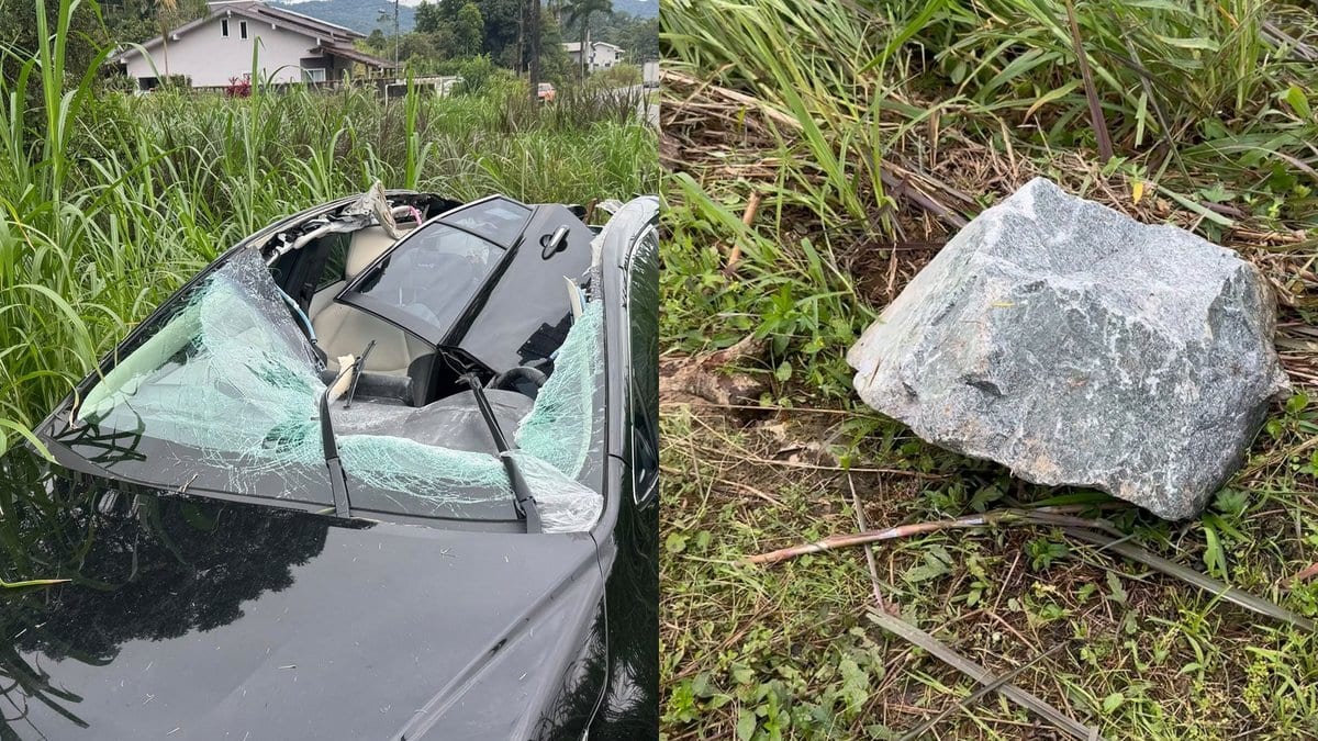 Pedra cai de caminhão, arranca teto de Corolla e deixa mulher de 61 anos em estado grave em Jaraguá do Sul